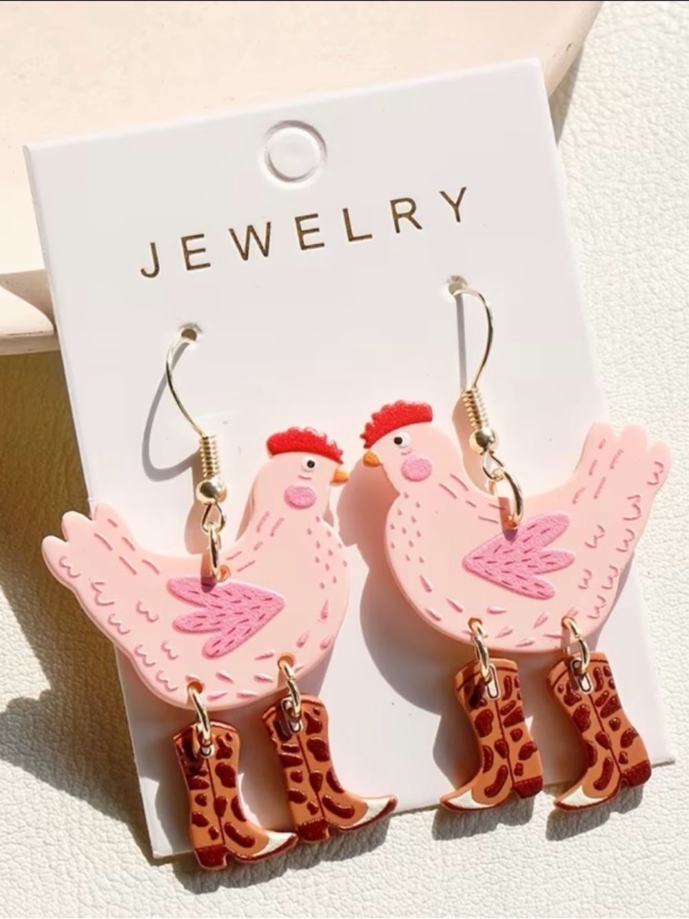 Pink Chicken Earrings with Cowboy Boots